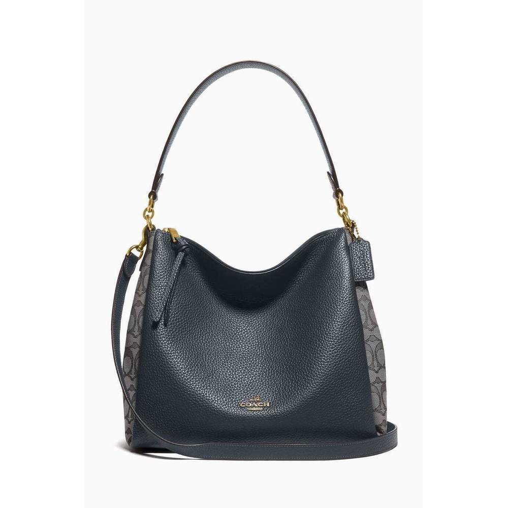 Coach Signature Jacquard Shay Leather Shoulder Bag Handbag Purse Navy Blue NEW - Picture 2 of 9